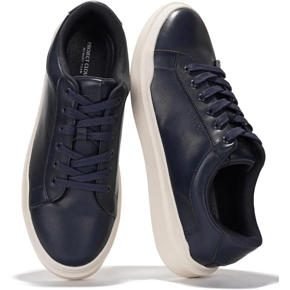 Men's Faux Leather Navy Lightweight Non Slip Laced-Up Casual Fashion Sneakers